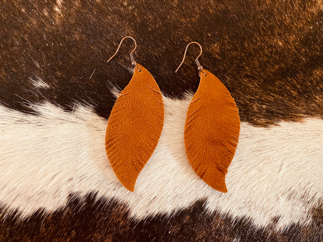 Wavy Tan Suede Feather Earrings